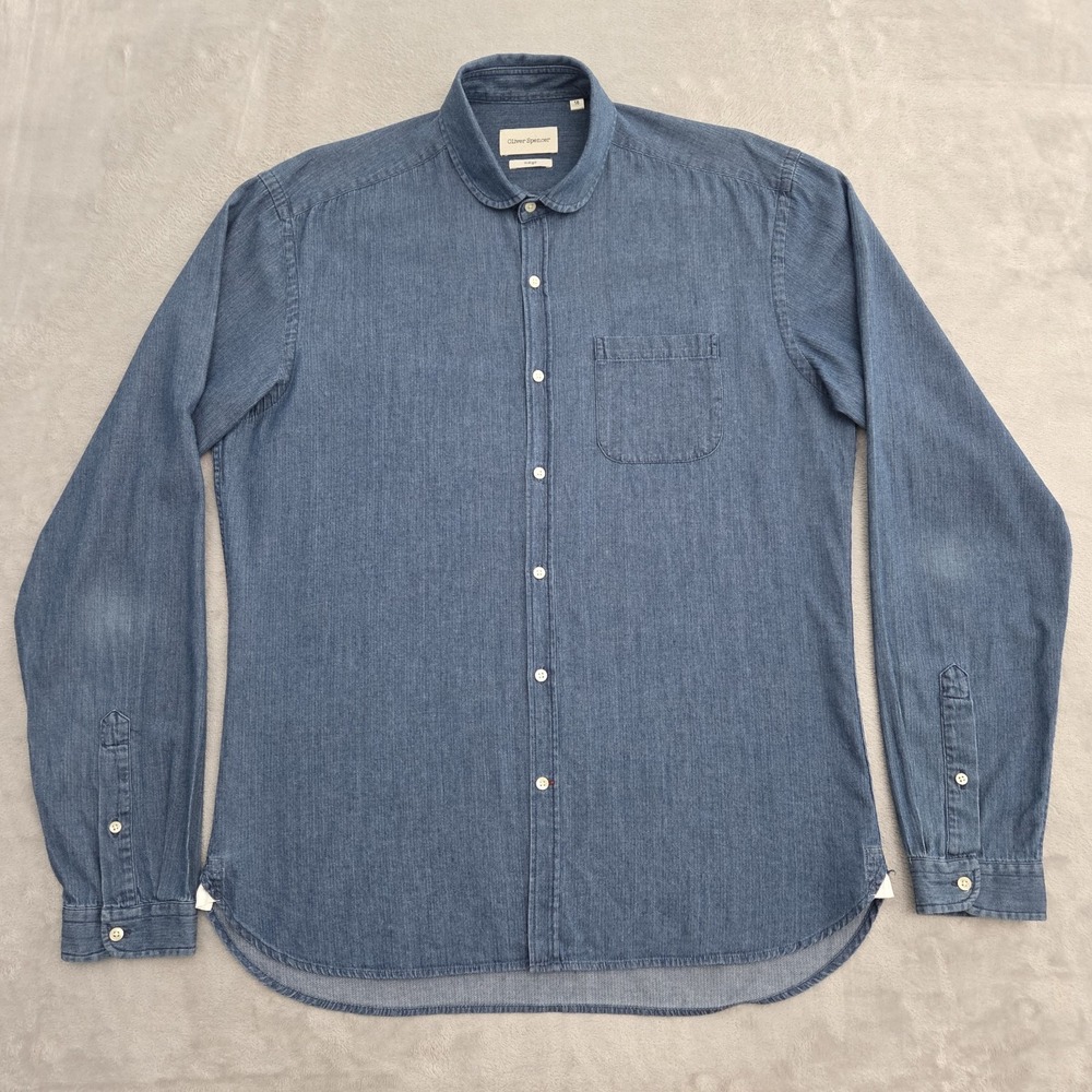 Oliver Spencer Indigo Shirt Mens 16 L Blue Cotton Round Club Collar Button Up